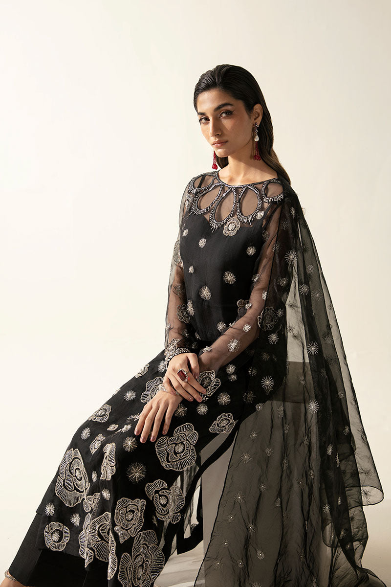 Women Wearing Manera Black Long Shirt for Luxury Events - Pakistani Designer Wear for Women in UK | Kifat