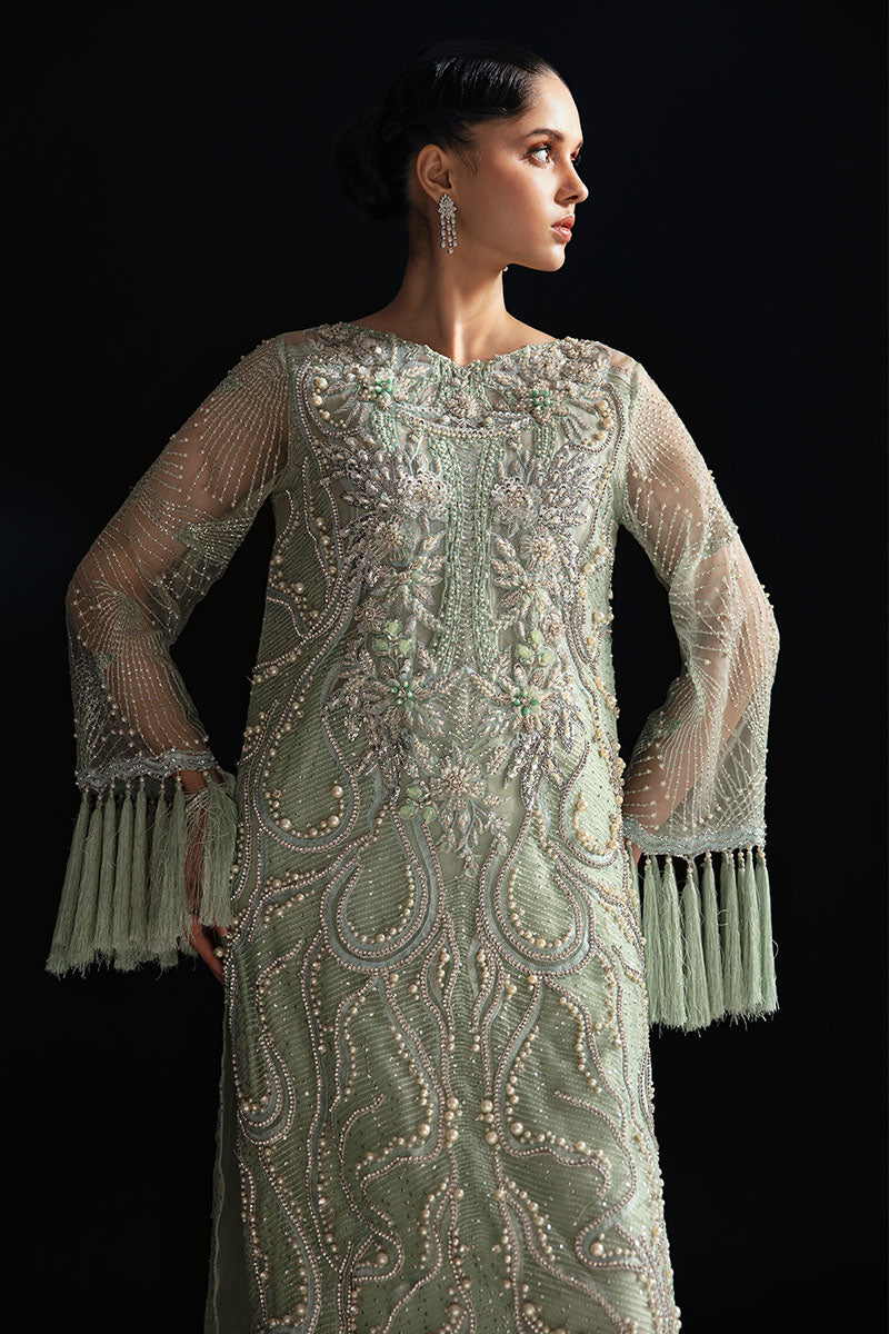 Women Wearing Dione Powder Green Long Shirt for Festive Events - Pakistani Designer Wear for Women in UK | Kifat