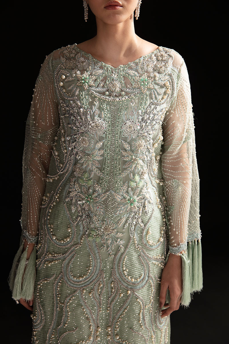 Women Wearing Dione Powder Green Long Shirt for Festive Events - Pakistani Designer Wear for Women in UK | Kifat