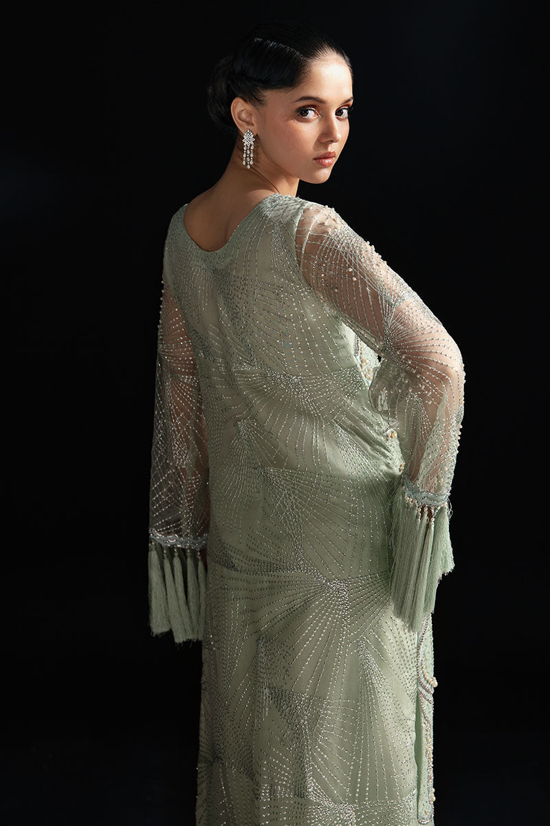 Women Wearing Dione Powder Green Long Shirt for Festive Events - Pakistani Designer Wear for Women in UK | Kifat