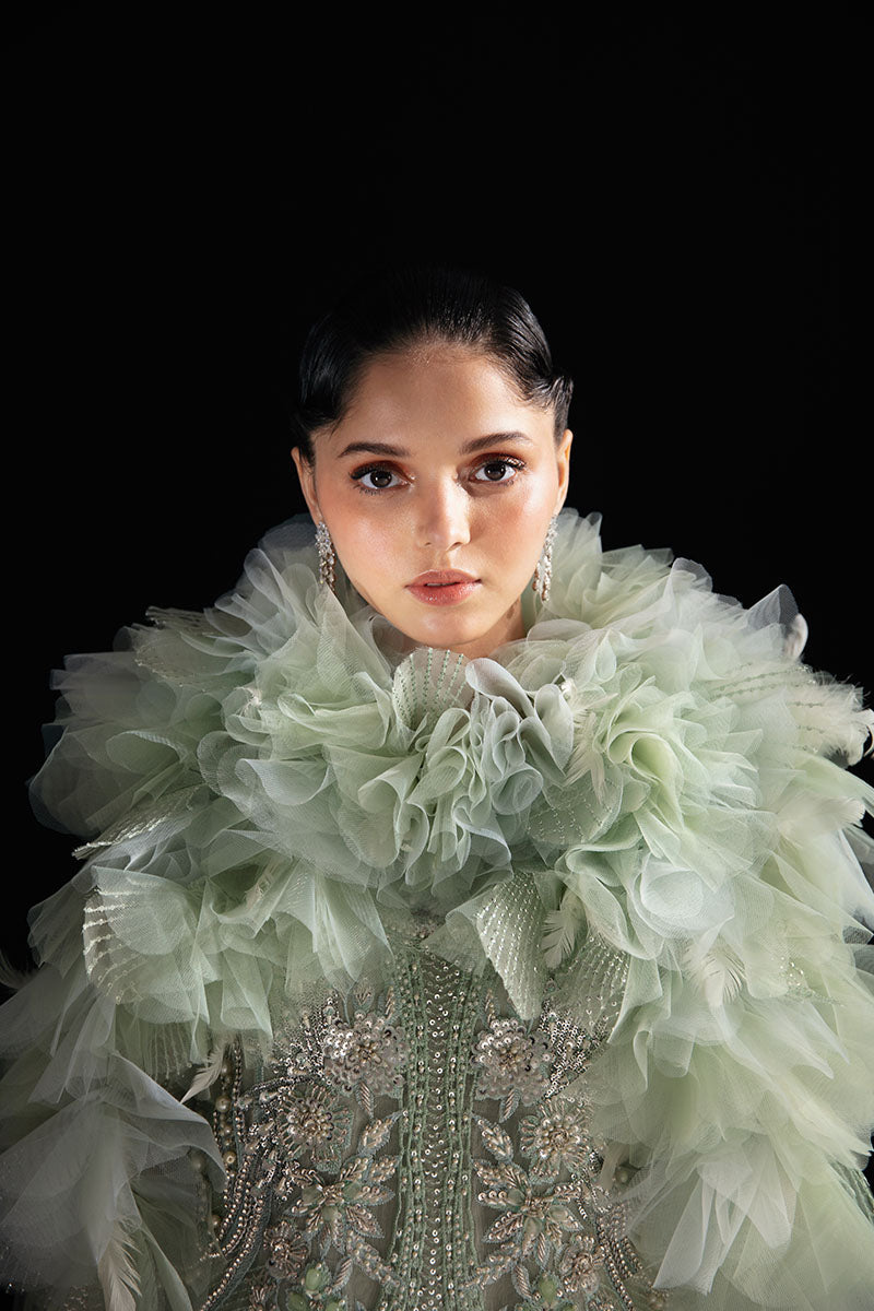 Women Wearing Dione Powder Green Long Shirt for Festive Events - Pakistani Designer Wear for Women in UK | Kifat