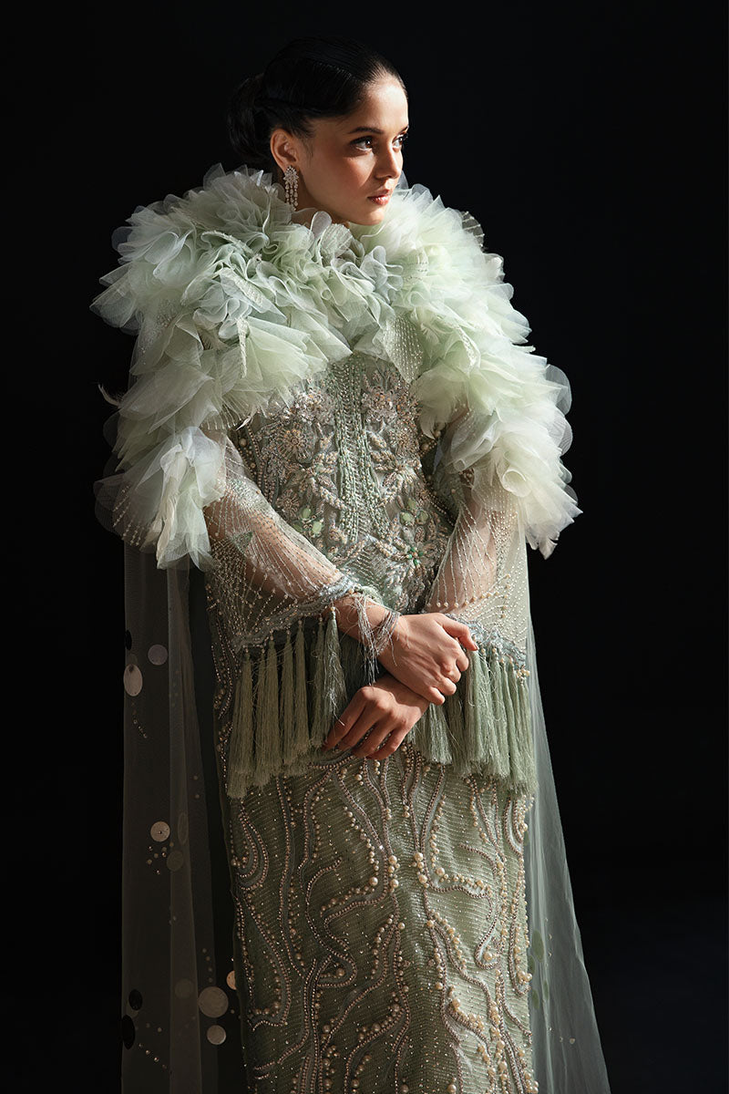 Women Wearing Dione Powder Green Long Shirt for Festive Events - Pakistani Designer Wear for Women in UK | Kifat