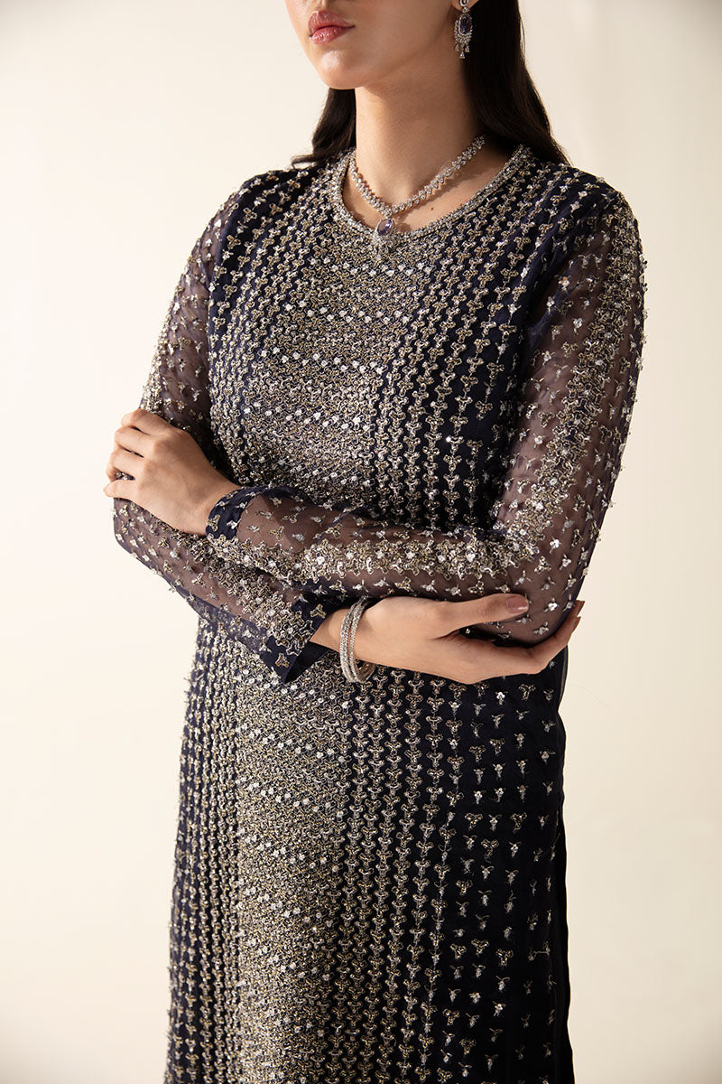 Women Wearing Esma Midnight Blue Long Shirt for Luxury Events - Pakistani Designer Wear for Women in UK | Kifat