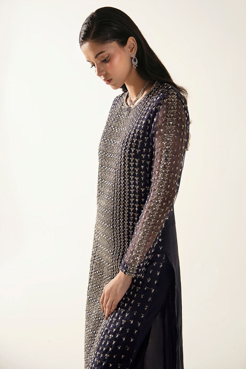 Women Wearing Esma Midnight Blue Long Shirt for Luxury Events - Pakistani Designer Wear for Women in UK | Kifat