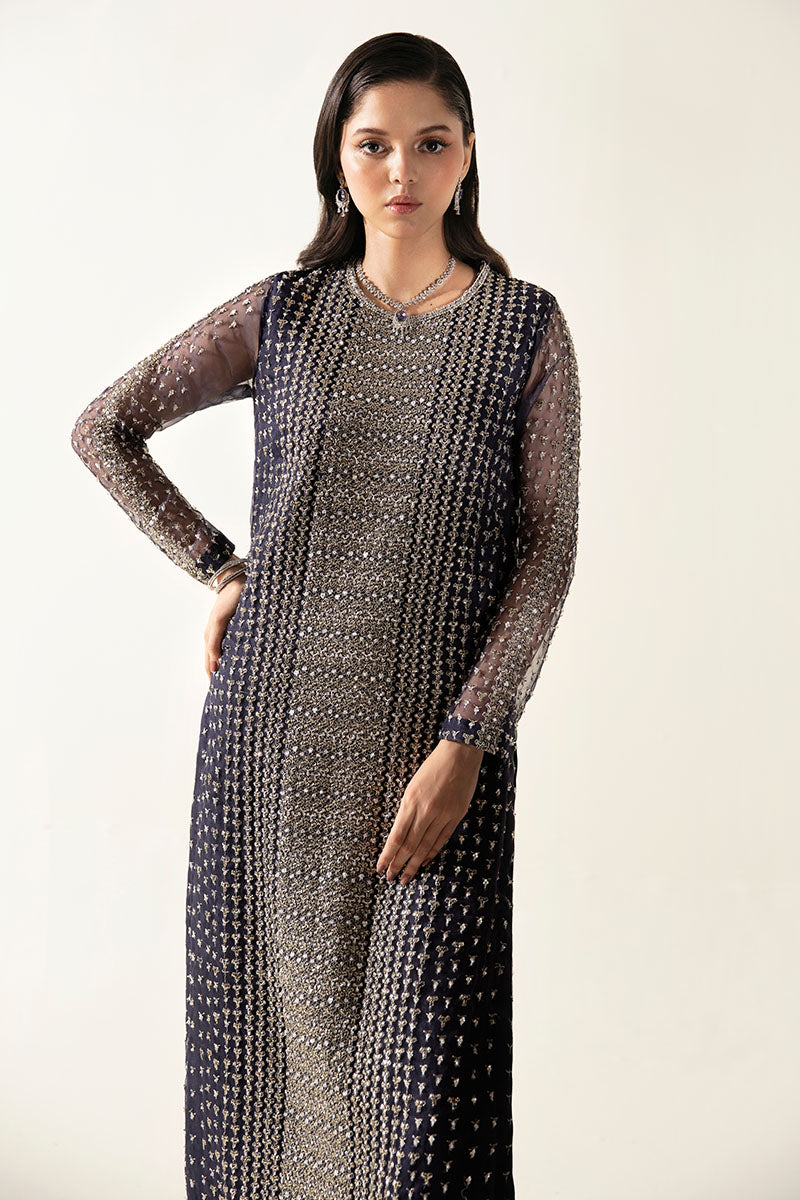Women Wearing Esma Midnight Blue Long Shirt for Luxury Events - Pakistani Designer Wear for Women in UK | Kifat