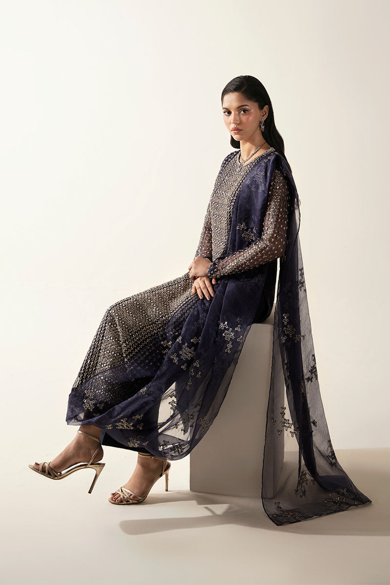 Women Wearing Esma Midnight Blue Long Shirt for Luxury Events - Pakistani Designer Wear for Women in UK | Kifat