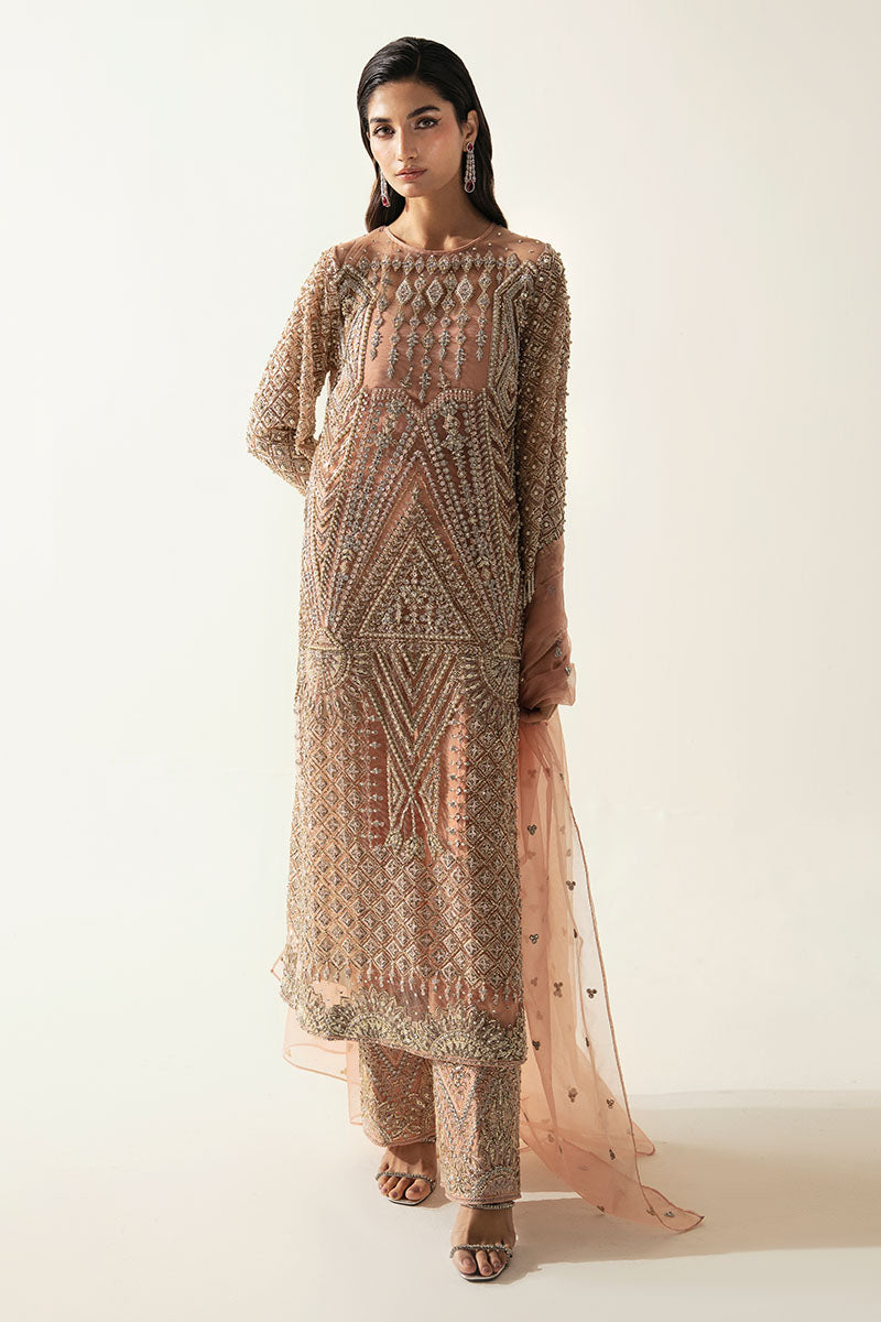 Women Wearing Zaria Peach Long Shirt for Luxury Events - Pakistani Designer Wear for Women in UK | Kifat