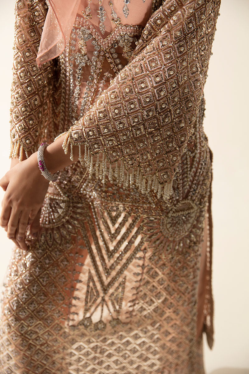 Women Wearing Zaria Peach Long Shirt for Luxury Events - Pakistani Designer Wear for Women in UK | Kifat
