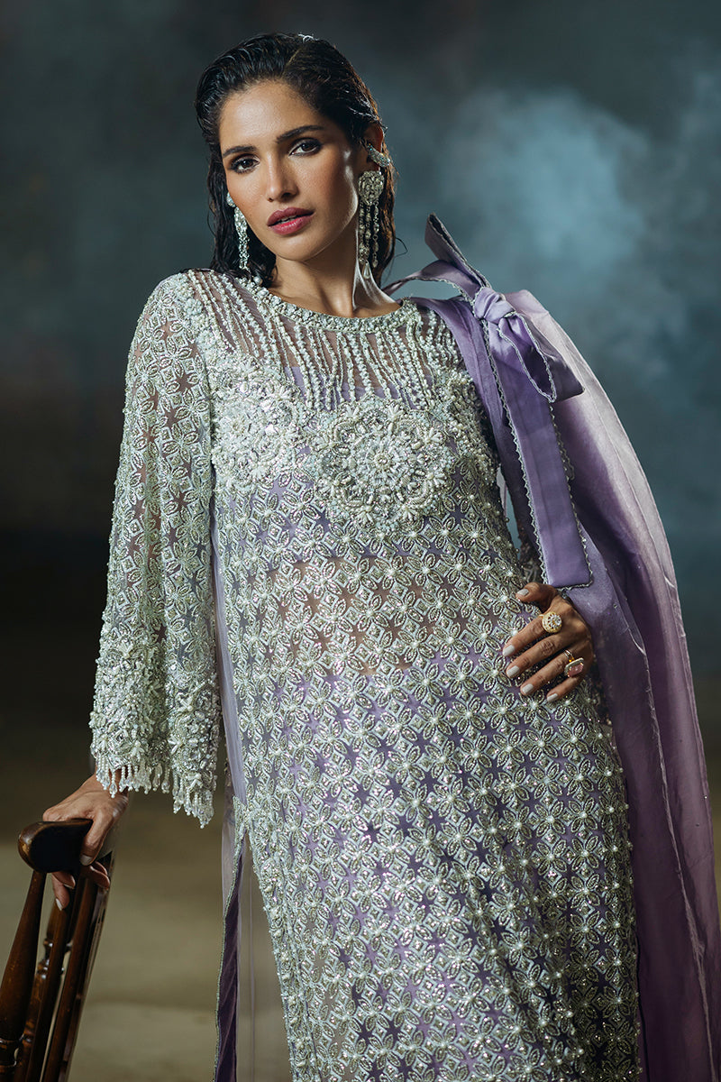 Women Wearing Lavande Purple Long Shirt for Luxury Events - Pakistani Designer Wear for Women in UK | Kifat