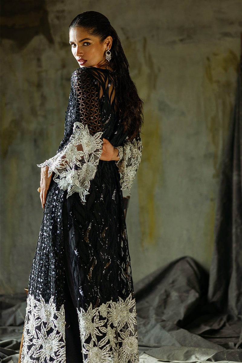 Women Wearing Muguet Black Long Shirt for Wedding Events - Pakistani Designer Wear for Women in UK | Kifat