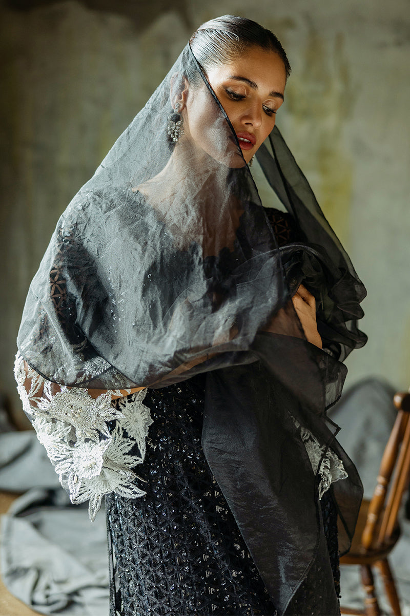 Women Wearing Muguet Black Long Shirt for Wedding Events - Pakistani Designer Wear for Women in UK | Kifat