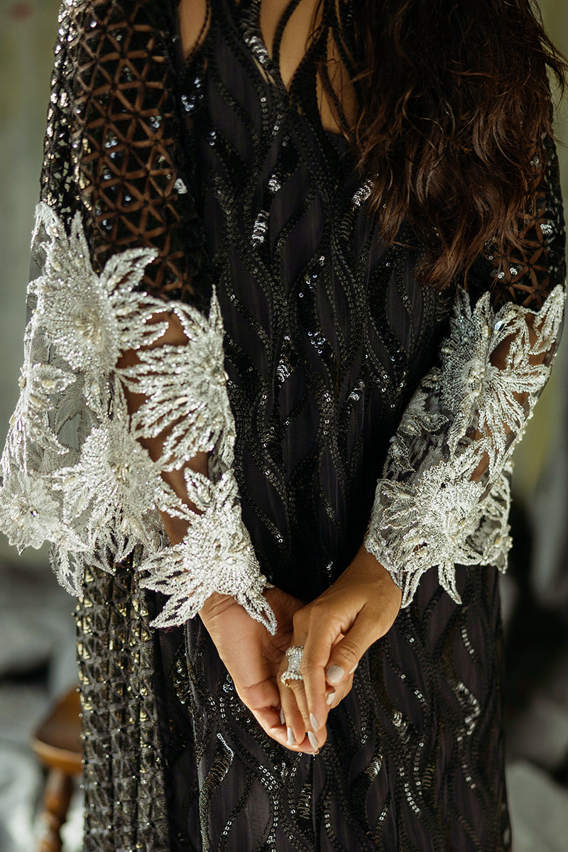 Women Wearing Muguet Black Long Shirt for Wedding Events - Pakistani Designer Wear for Women in UK | Kifat