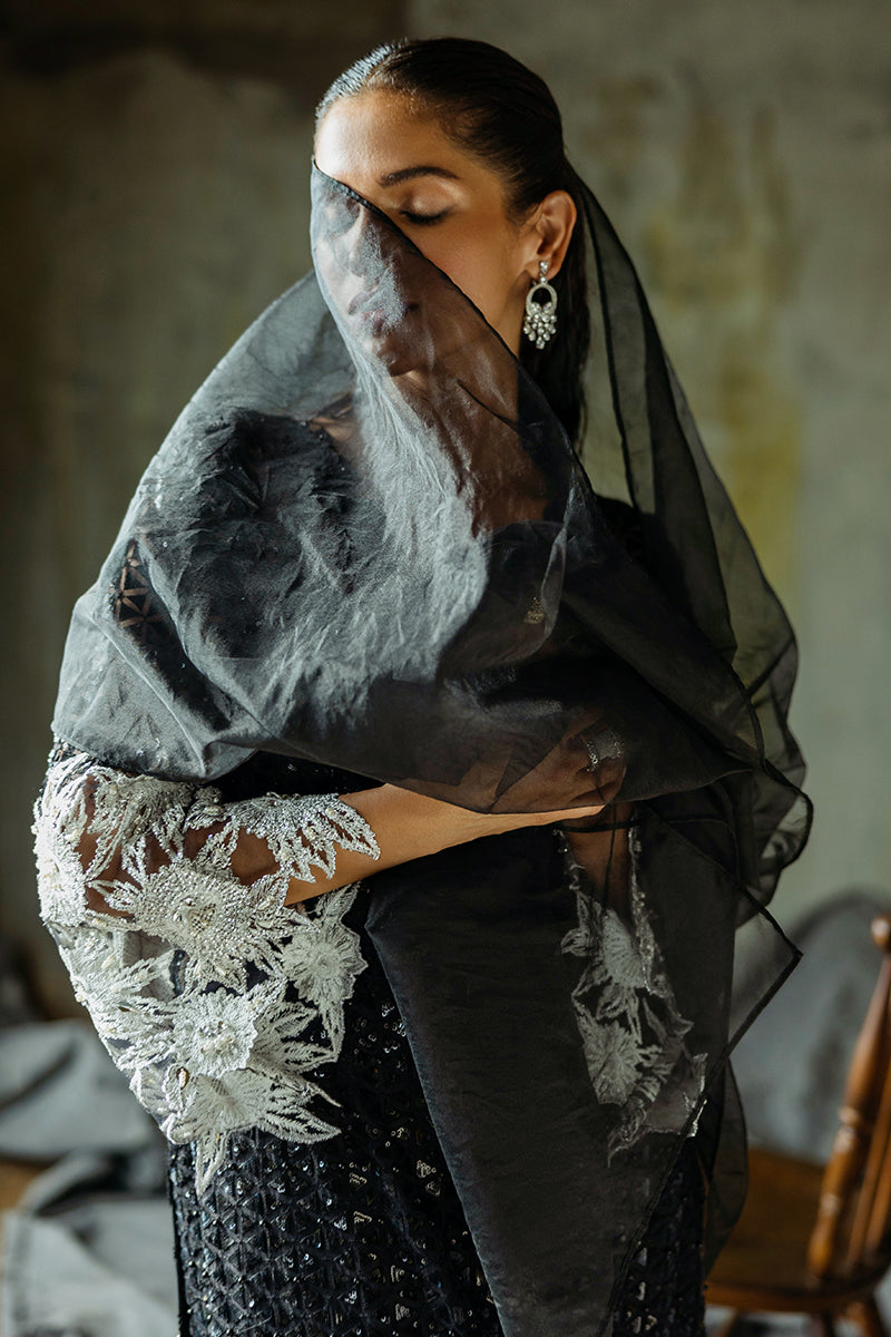 Women Wearing Muguet Black Long Shirt for Wedding Events - Pakistani Designer Wear for Women in UK | Kifat