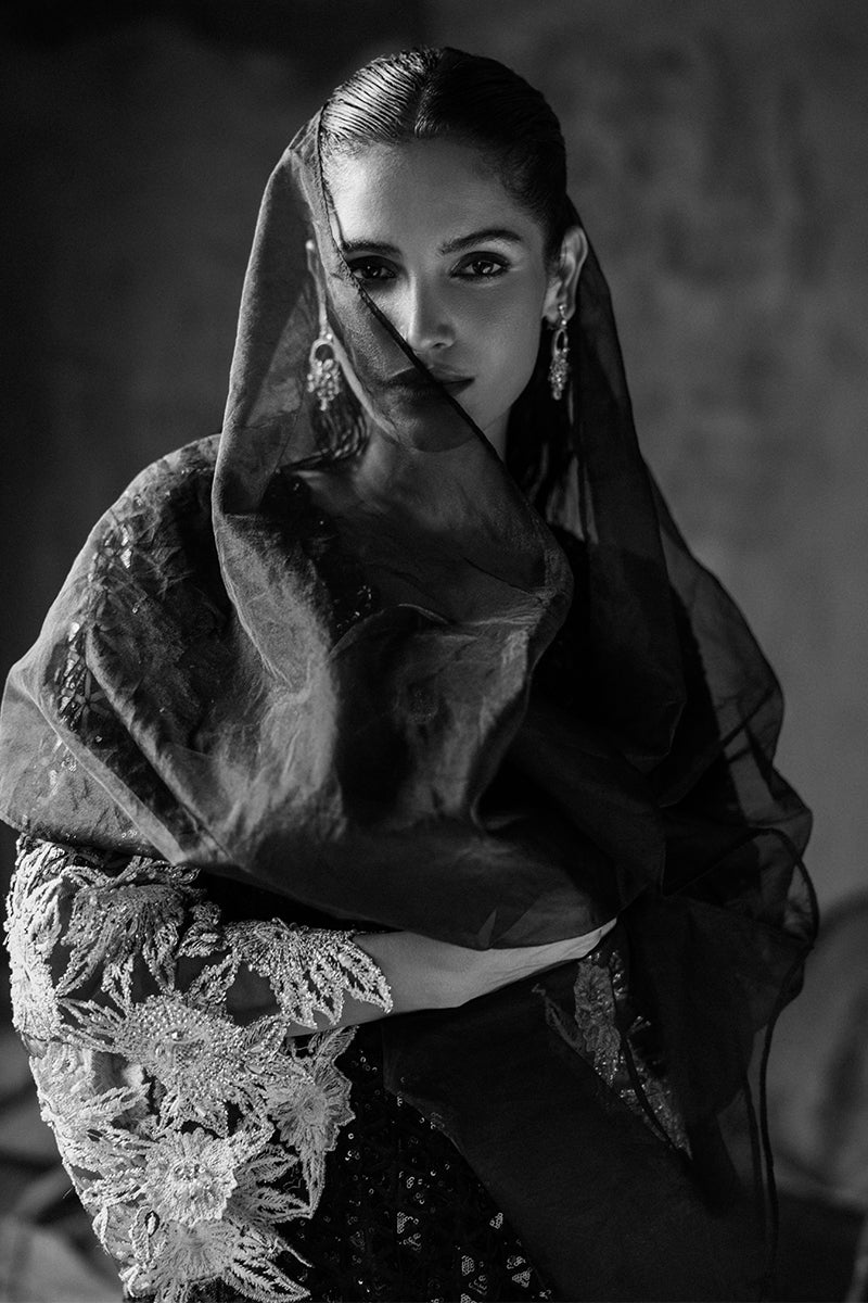 Women Wearing Muguet Black Long Shirt for Wedding Events - Pakistani Designer Wear for Women in UK | Kifat