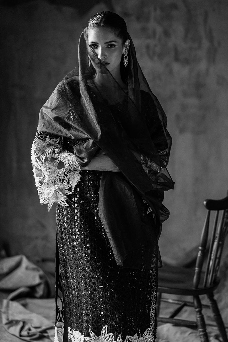 Women Wearing Muguet Black Long Shirt for Wedding Events - Pakistani Designer Wear for Women in UK | Kifat