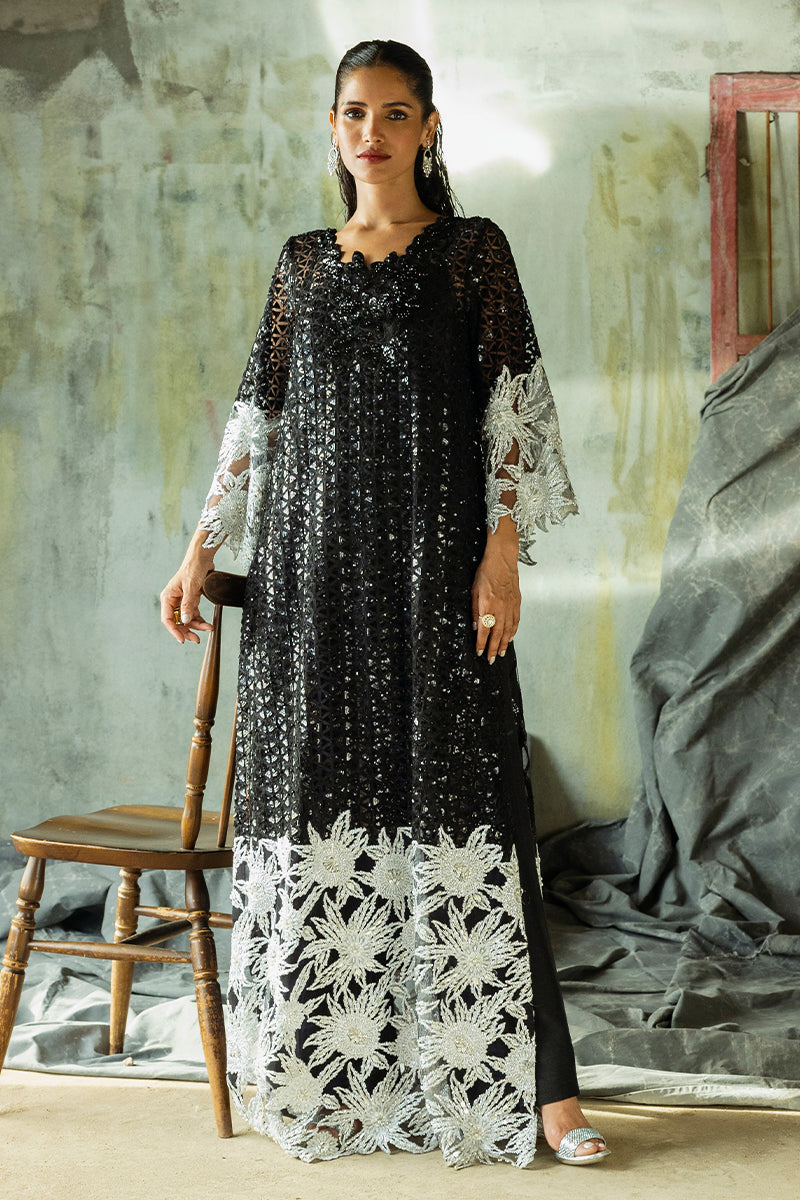 Women Wearing Muguet Black Long Shirt for Wedding Events - Pakistani Designer Wear for Women in UK | Kifat