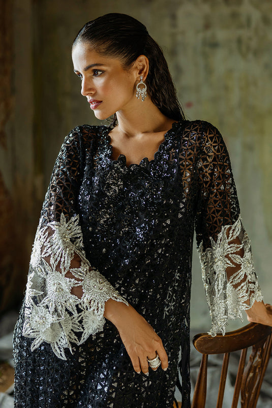 Women Wearing Muguet Black Long Shirt for Wedding Events - Pakistani Designer Wear for Women in UK | Kifat