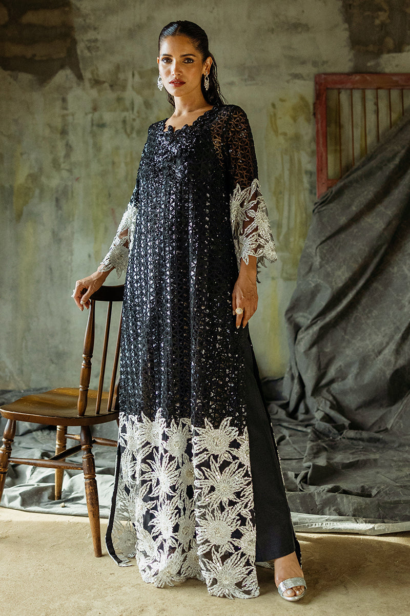 Women Wearing Muguet Black Long Shirt for Wedding Events - Pakistani Designer Wear for Women in UK | Kifat