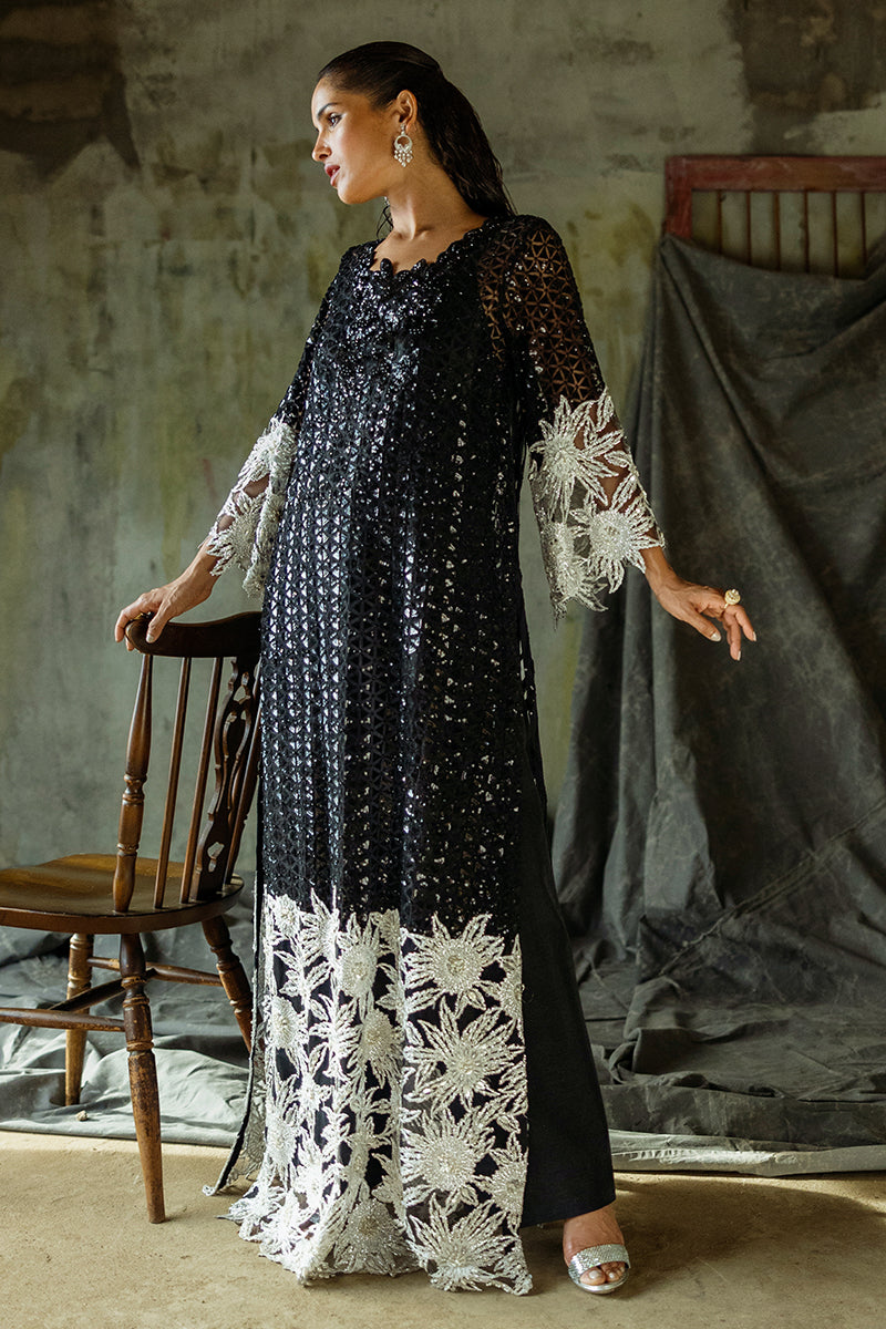 Women Wearing Muguet Black Long Shirt for Wedding Events - Pakistani Designer Wear for Women in UK | Kifat