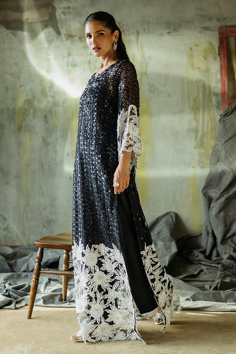 Women Wearing Muguet Black Long Shirt for Wedding Events - Pakistani Designer Wear for Women in UK | Kifat