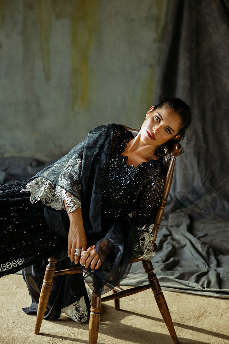Women Wearing Muguet Black Long Shirt for Wedding Events - Pakistani Designer Wear for Women in UK | Kifat