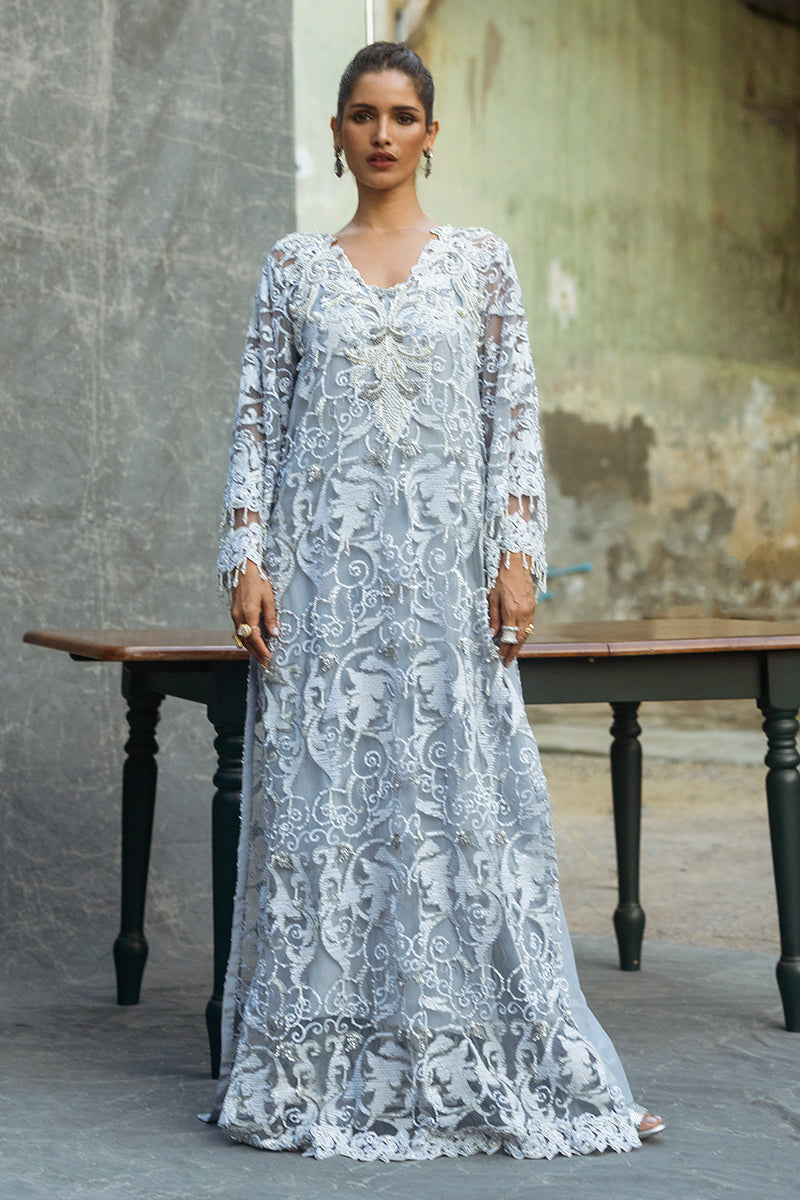 Women Wearing Iris Steel Grey Long Shirt for Luxury Events - Pakistani Designer Wear for Women in UK | Kifat