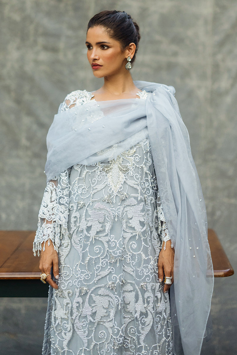 Women Wearing Iris Steel Grey Long Shirt for Luxury Events - Pakistani Designer Wear for Women in UK | Kifat