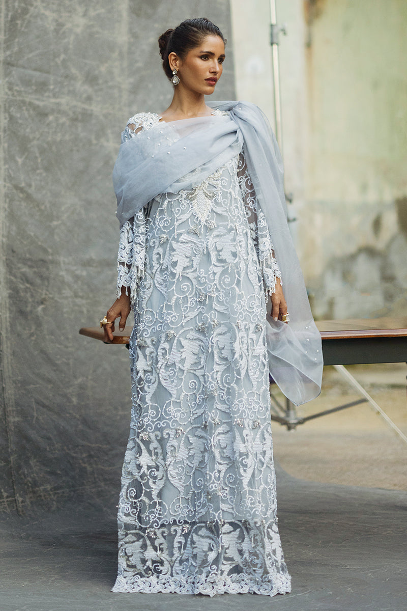 Women Wearing Iris Steel Grey Long Shirt for Luxury Events - Pakistani Designer Wear for Women in UK | Kifat