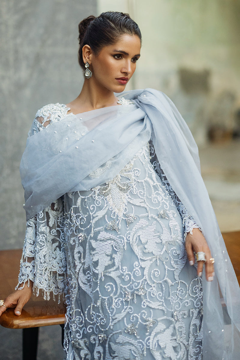 Women Wearing Iris Steel Grey Long Shirt for Luxury Events - Pakistani Designer Wear for Women in UK | Kifat