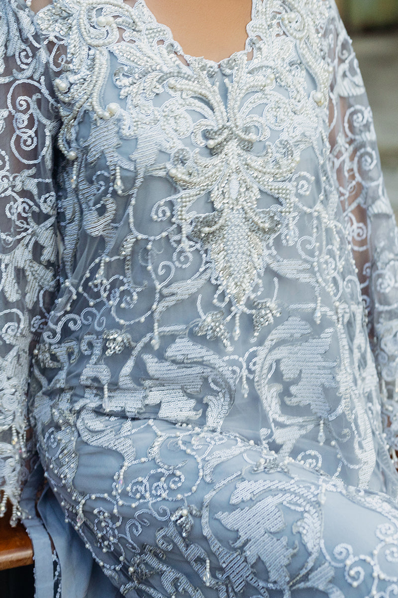 Women Wearing Iris Steel Grey Long Shirt for Luxury Events - Pakistani Designer Wear for Women in UK | Kifat