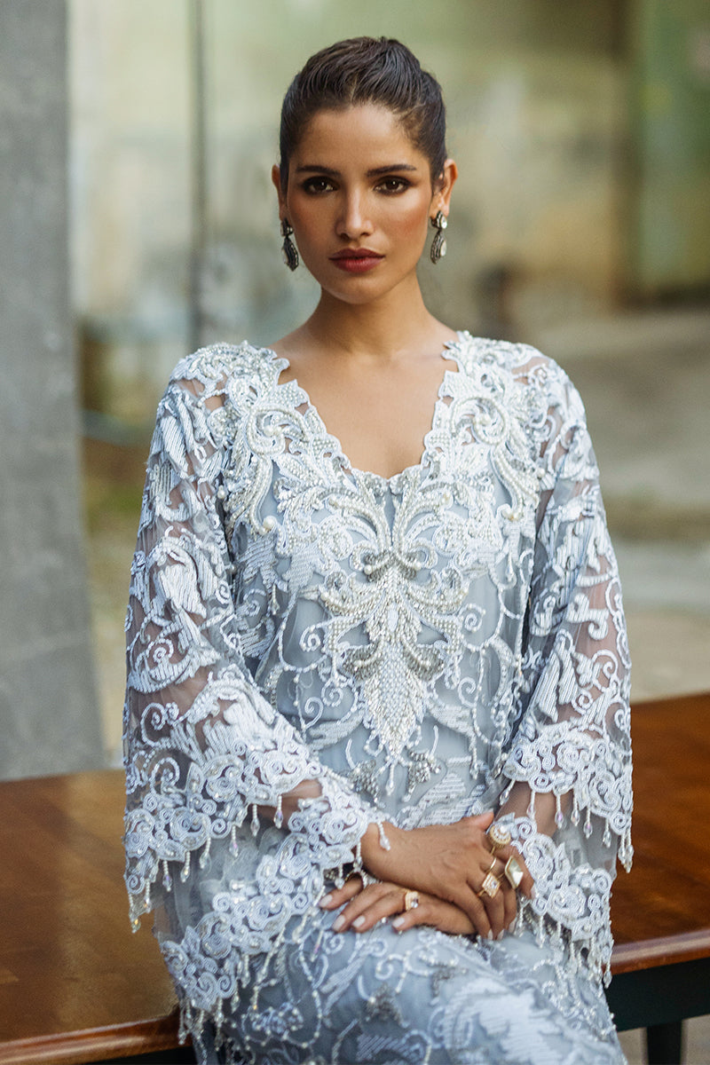 Women Wearing Iris Steel Grey Long Shirt for Luxury Events - Pakistani Designer Wear for Women in UK | Kifat