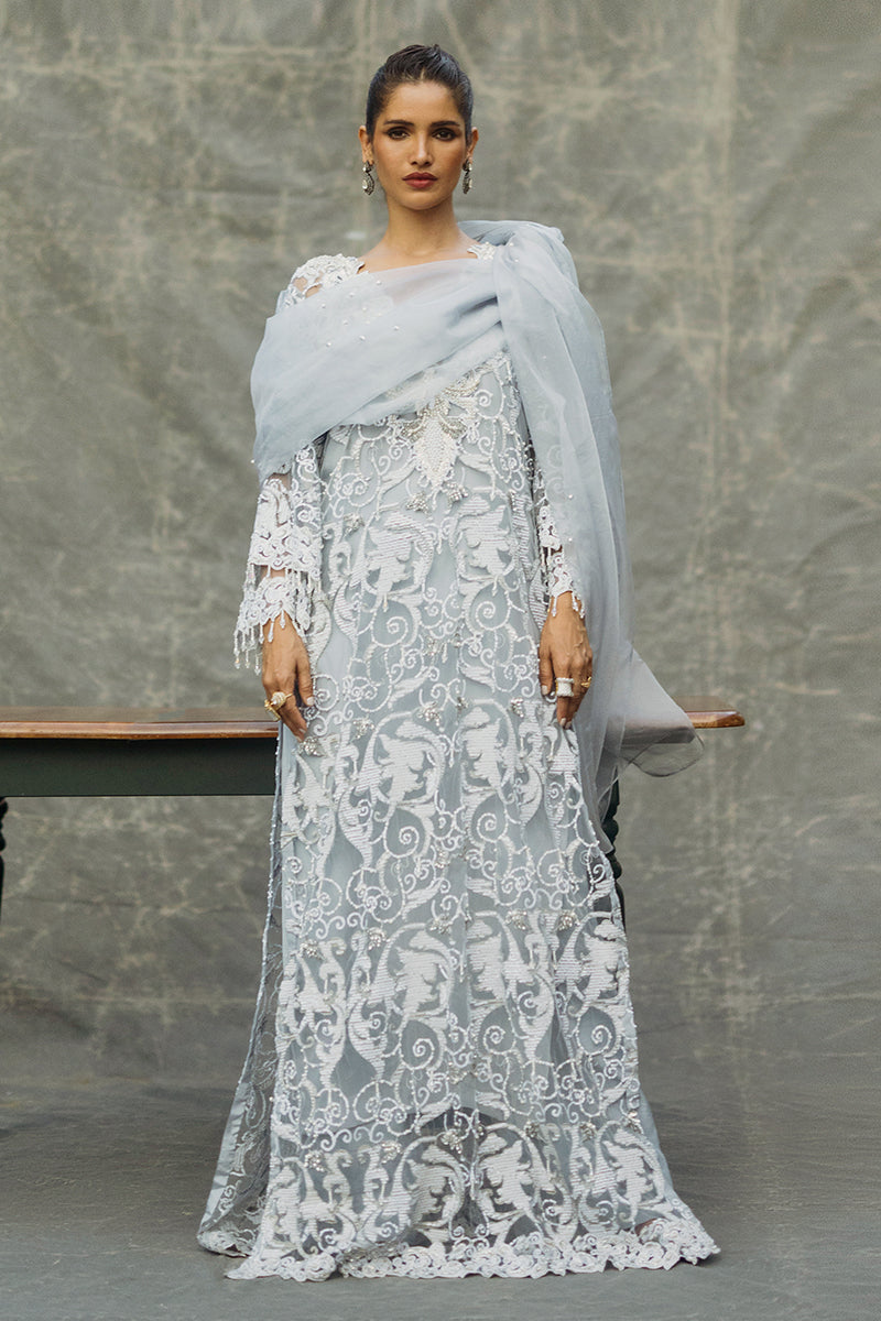 Women Wearing Iris Steel Grey Long Shirt for Luxury Events - Pakistani Designer Wear for Women in UK | Kifat