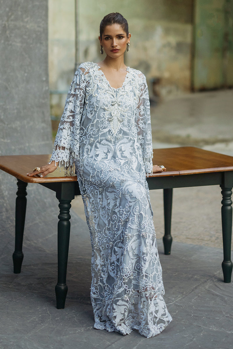 Women Wearing Iris Steel Grey Long Shirt for Luxury Events - Pakistani Designer Wear for Women in UK | Kifat