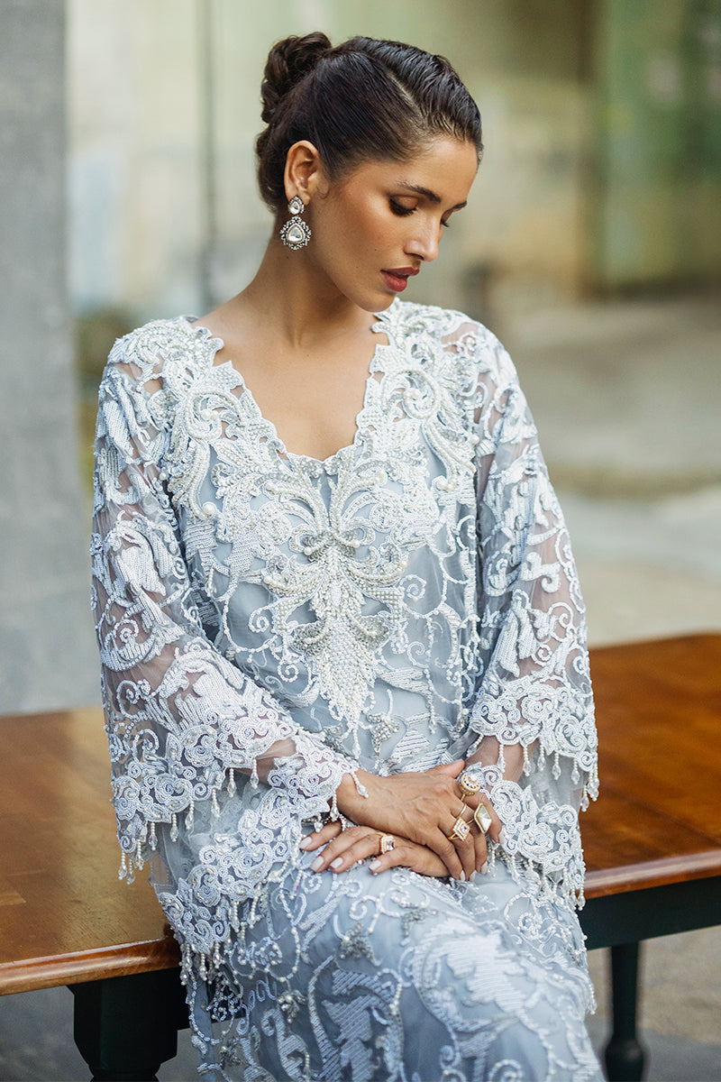 Women Wearing Iris Steel Grey Long Shirt for Luxury Events - Pakistani Designer Wear for Women in UK | Kifat