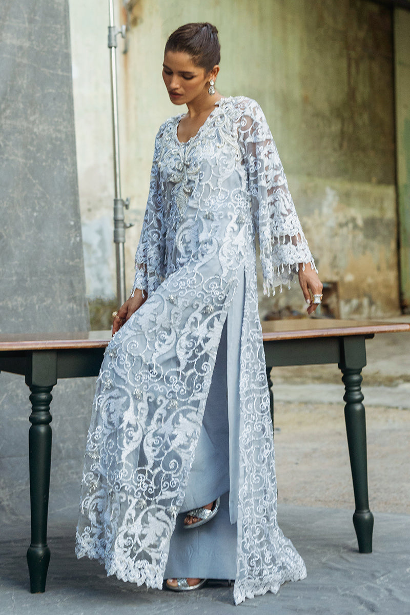 Women Wearing Iris Steel Grey Long Shirt for Luxury Events - Pakistani Designer Wear for Women in UK | Kifat
