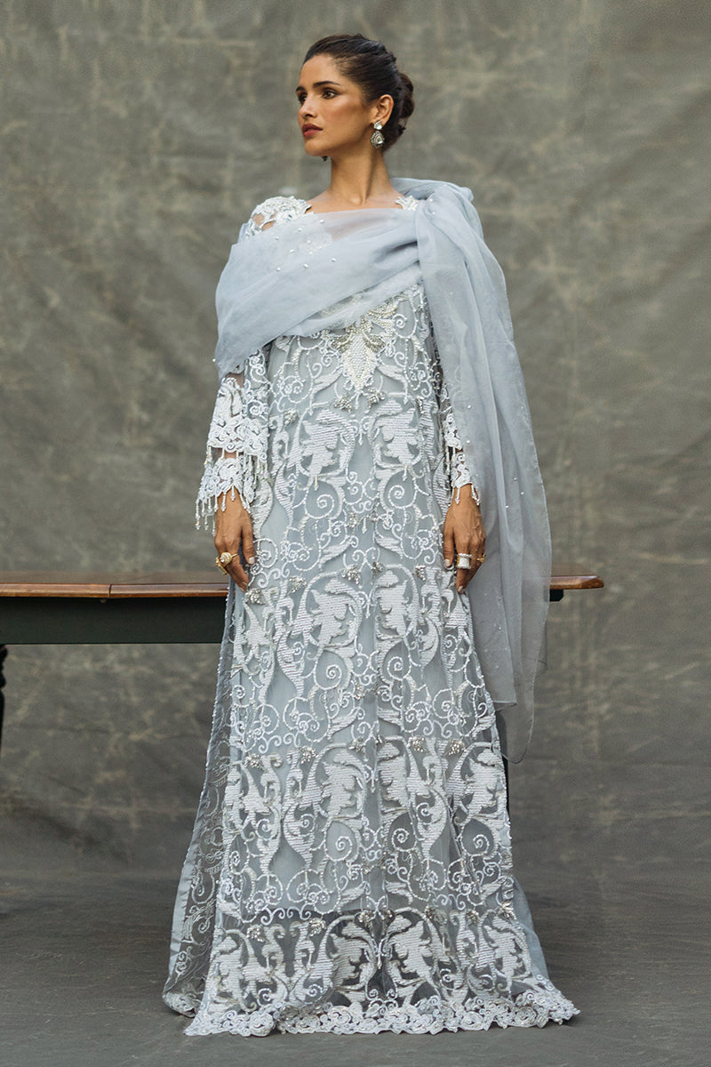 Women Wearing Iris Steel Grey Long Shirt for Luxury Events - Pakistani Designer Wear for Women in UK | Kifat