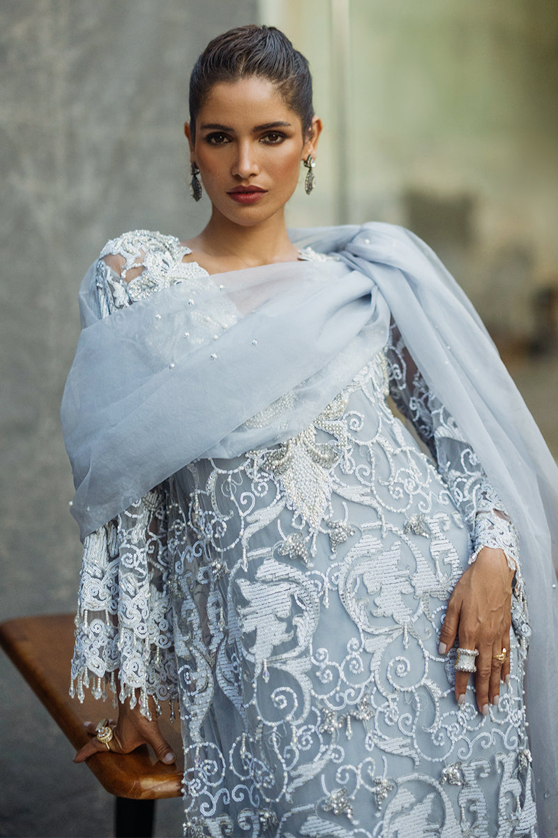Women Wearing Iris Steel Grey Long Shirt for Luxury Events - Pakistani Designer Wear for Women in UK | Kifat