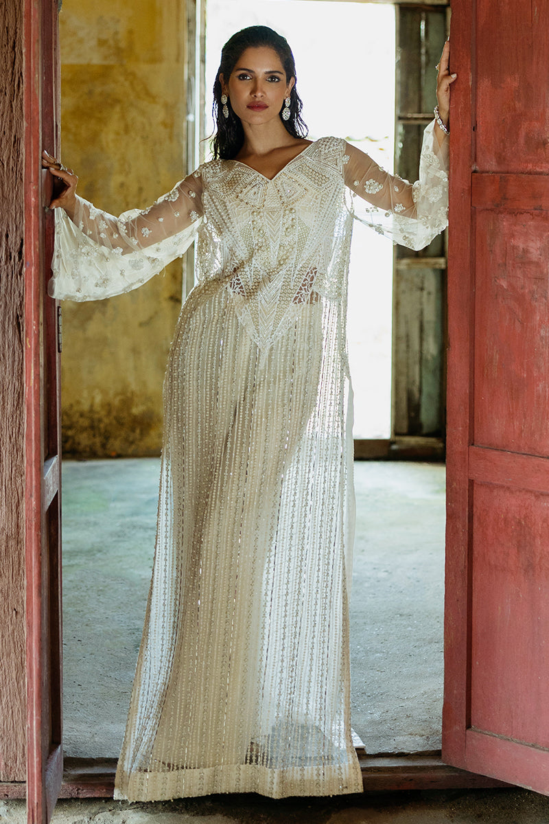 Women Wearing Lotus White Long Shirt for Luxury Events - Pakistani Designer Wear for Women in UK | Kifat
