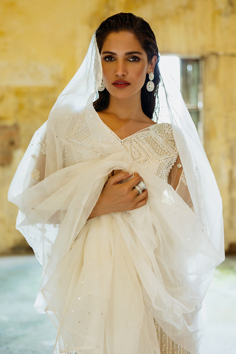 Women Wearing Lotus White Long Shirt for Luxury Events - Pakistani Designer Wear for Women in UK | Kifat