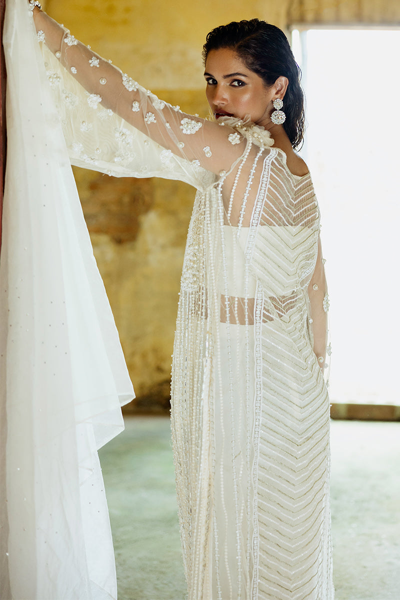 Women Wearing Lotus White Long Shirt for Luxury Events - Pakistani Designer Wear for Women in UK | Kifat