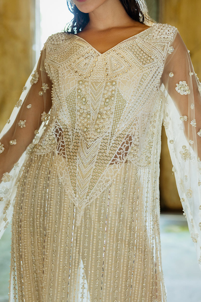 Women Wearing Lotus White Long Shirt for Luxury Events - Pakistani Designer Wear for Women in UK | Kifat