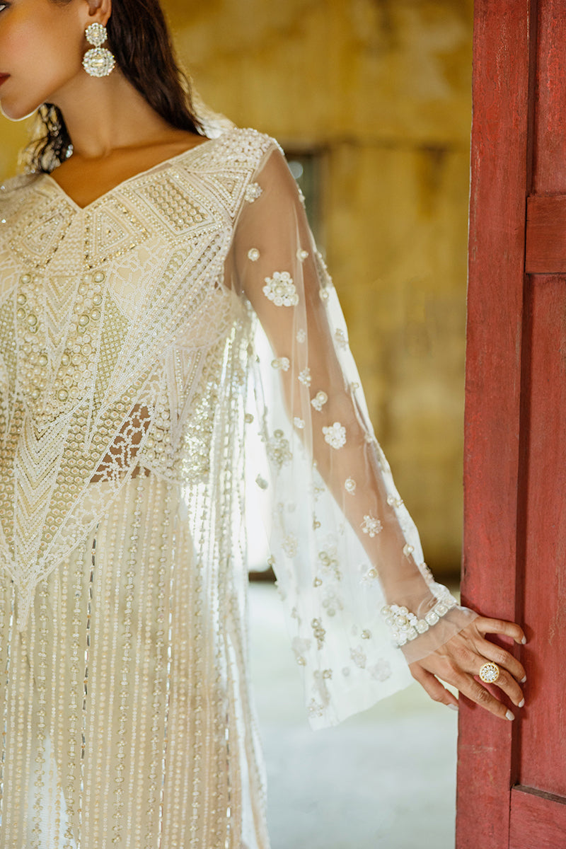 Women Wearing Lotus White Long Shirt for Luxury Events - Pakistani Designer Wear for Women in UK | Kifat