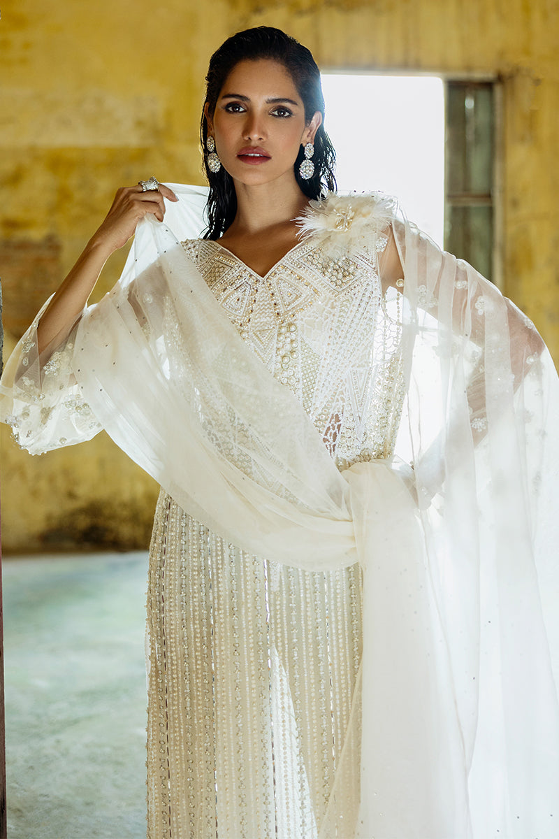 Women Wearing Lotus White Long Shirt for Luxury Events - Pakistani Designer Wear for Women in UK | Kifat
