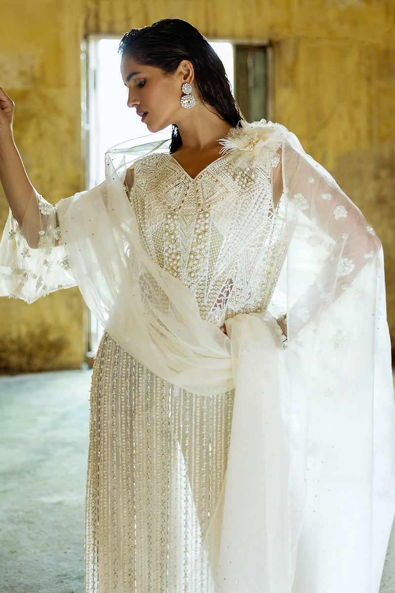 Women Wearing Lotus White Long Shirt for Luxury Events - Pakistani Designer Wear for Women in UK | Kifat