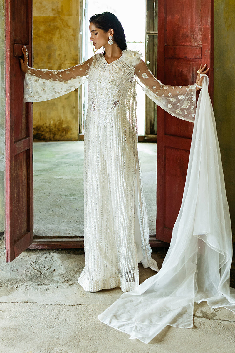 Women Wearing Lotus White Long Shirt for Luxury Events - Pakistani Designer Wear for Women in UK | Kifat