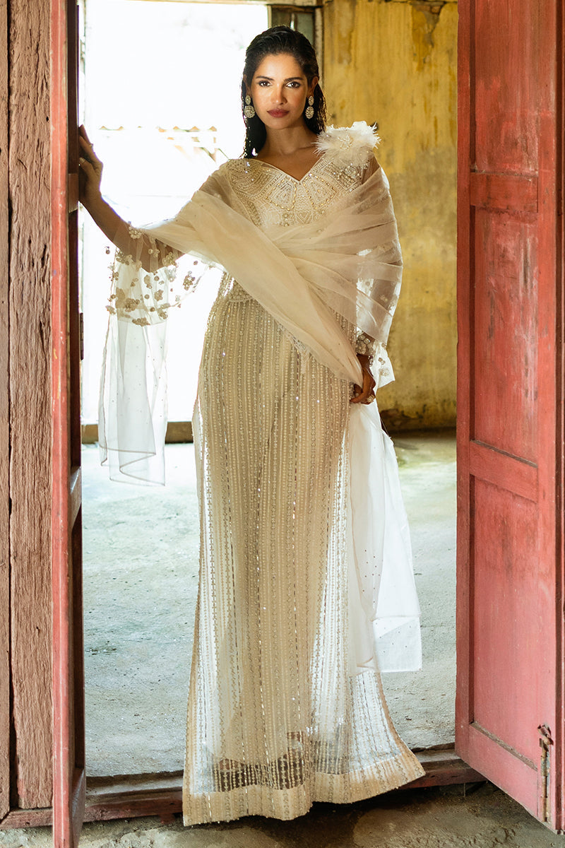 Women Wearing Lotus White Long Shirt for Luxury Events - Pakistani Designer Wear for Women in UK | Kifat