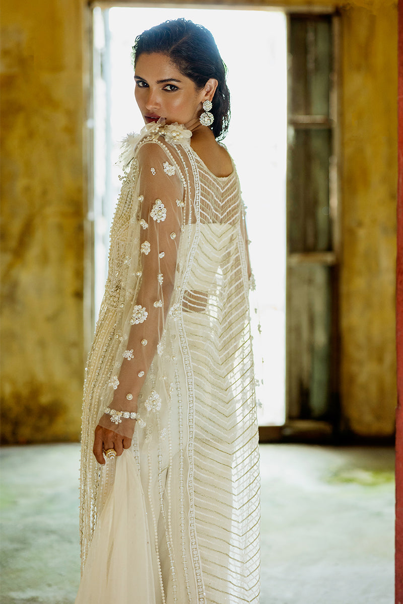 Women Wearing Lotus White Long Shirt for Luxury Events - Pakistani Designer Wear for Women in UK | Kifat