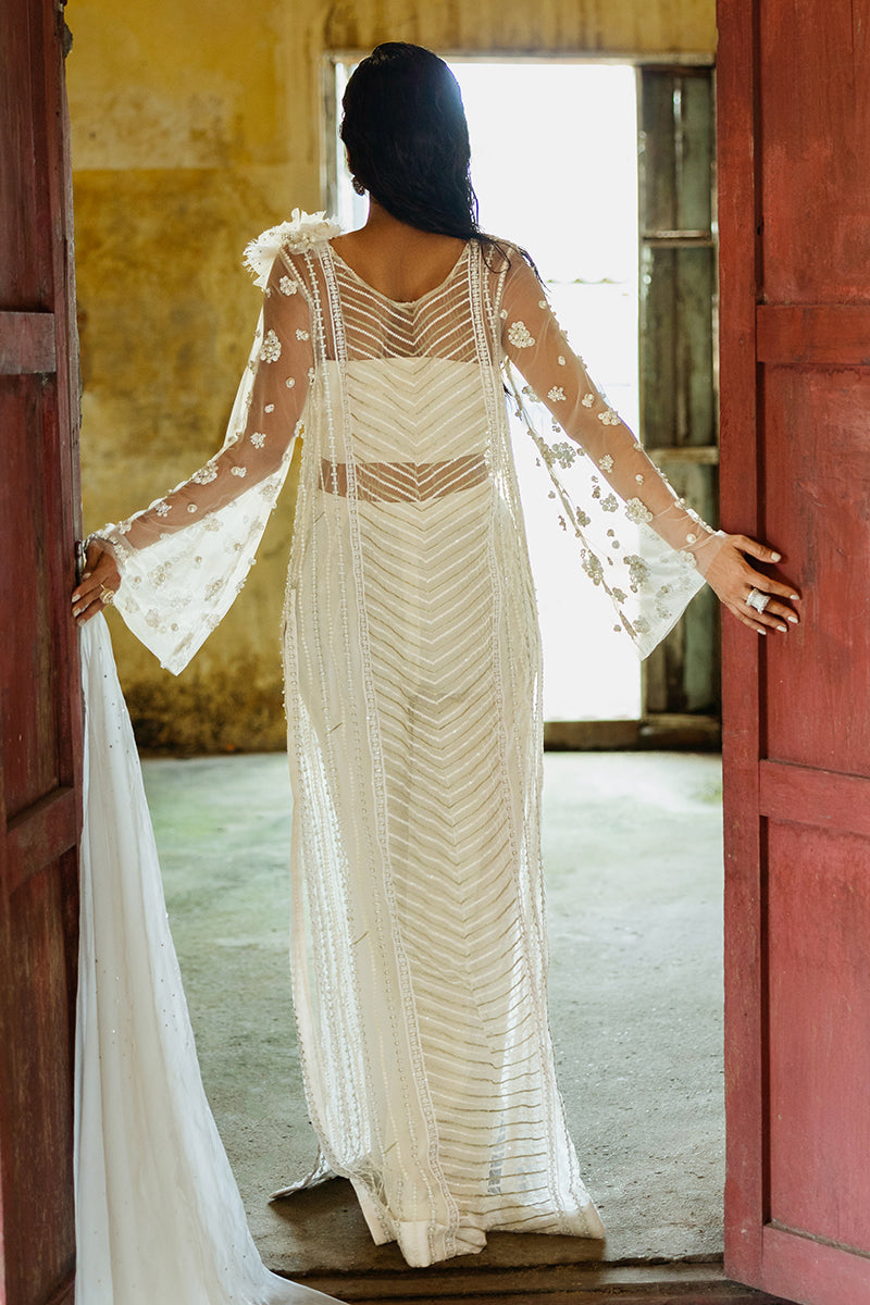 Women Wearing Lotus White Long Shirt for Luxury Events - Pakistani Designer Wear for Women in UK | Kifat