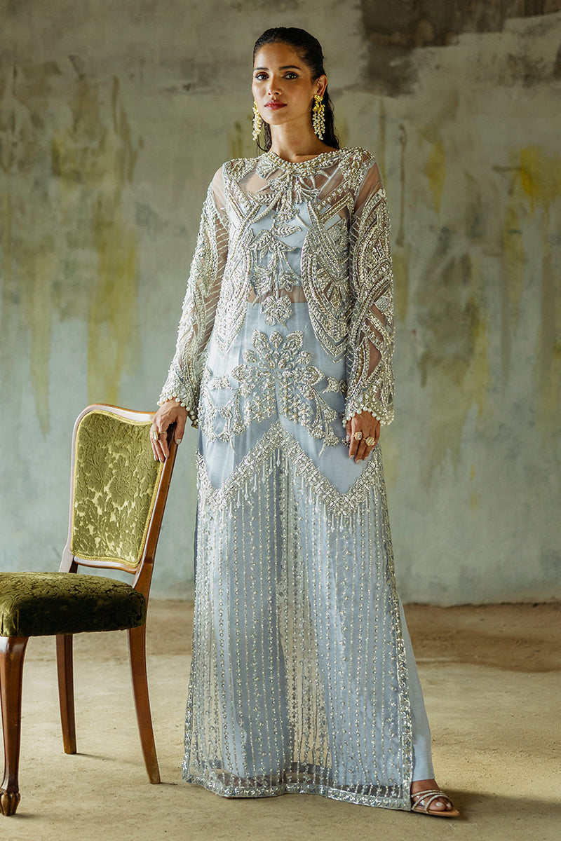 Women Wearing Pivoine Ice Blue Long Shirt for Luxury Events - Pakistani Designer Wear for Women in UK | Kifat