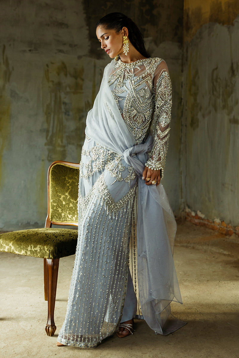 Women Wearing Pivoine Ice Blue Long Shirt for Luxury Events - Pakistani Designer Wear for Women in UK | Kifat